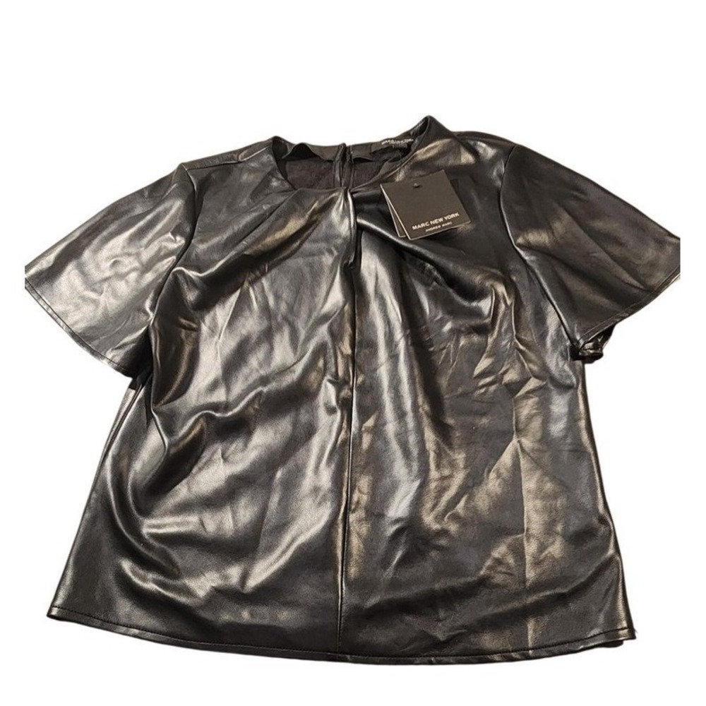 Marc New York Shirt Womens Small Black‎ Faux Leather Short Sleeve Crewneck Top